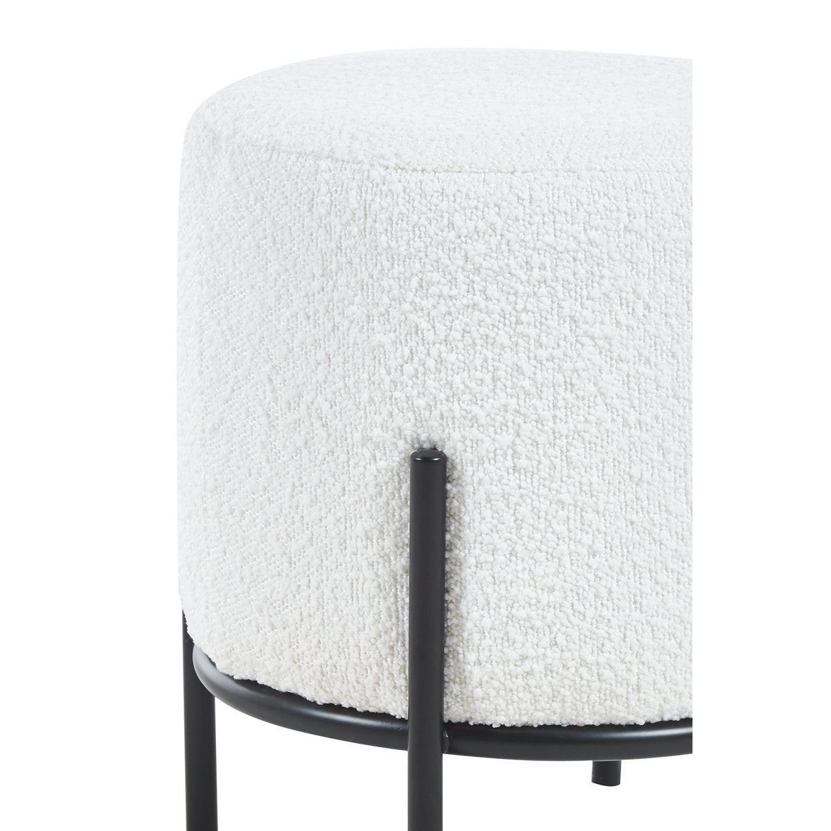 Ronde Bouclé Poef Ø35 cm – Wit met Zwart Metalen Frame - SalesFever - Casanovio