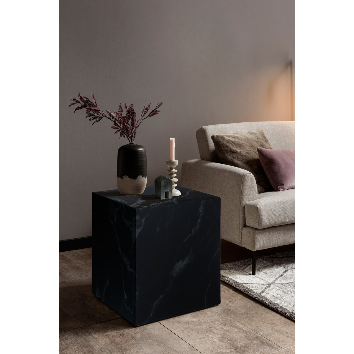 Bijzettafel Kubus 45x45 cm – Zwarte Marmerlook met MDF Basis - SalesFever - Casanovio