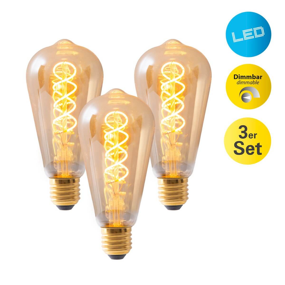 Dilly led filamentlamp amber E27 - dimbaar - set van 3