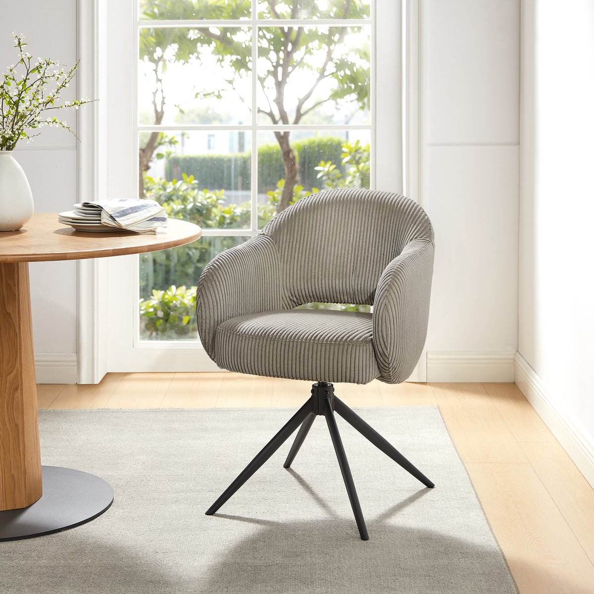 Draaistoel Corduroy Grijs met Zwart Metalen Onderstel – 360° Retourfunctie & Pocketvering - SalesFever - Casanovio