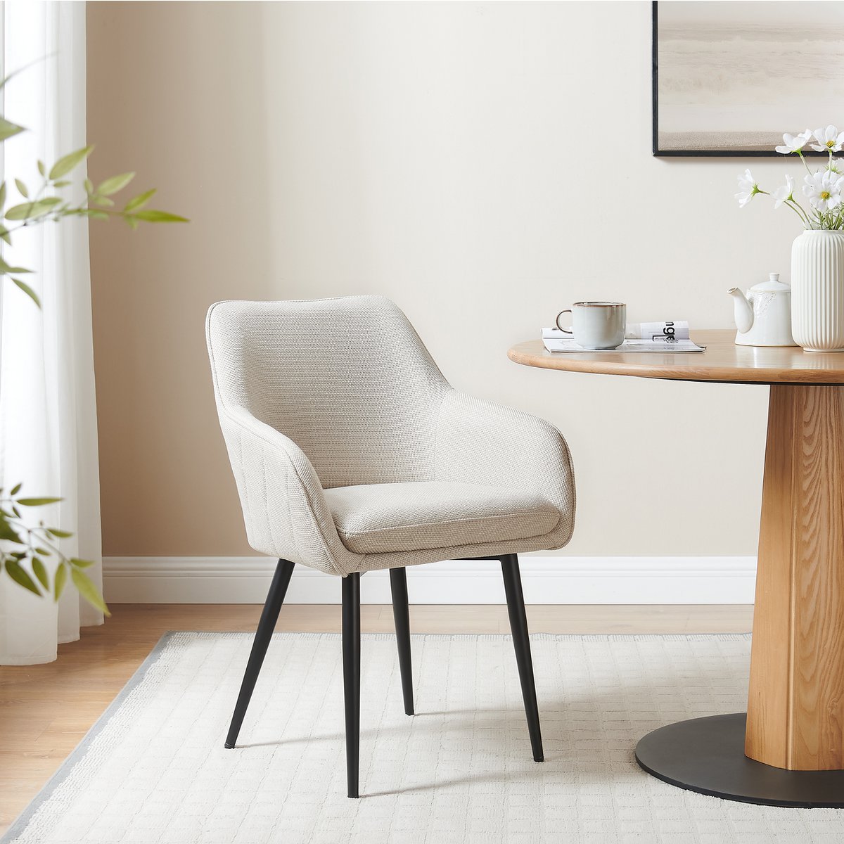 Eetkamerstoel Beige – Structuurstof met Diamantstiksel & Zwarte Poten - SalesFever - Casanovio