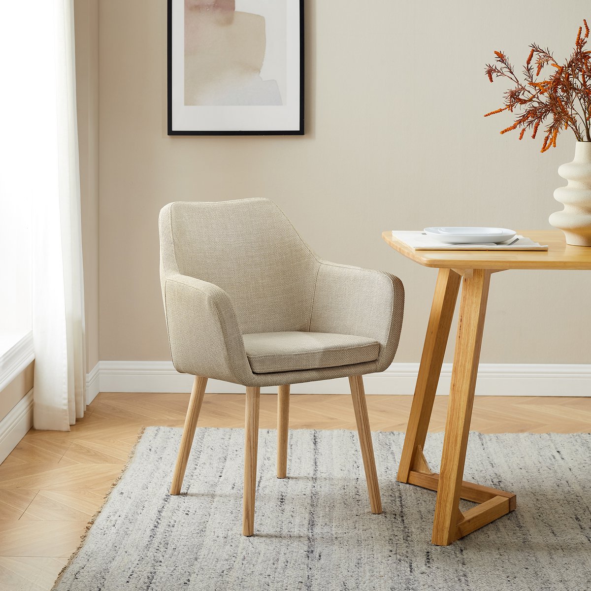 Eetkamerstoel Beige – Structuurstof met Massief Eikenhouten Frame - SalesFever - Casanovio