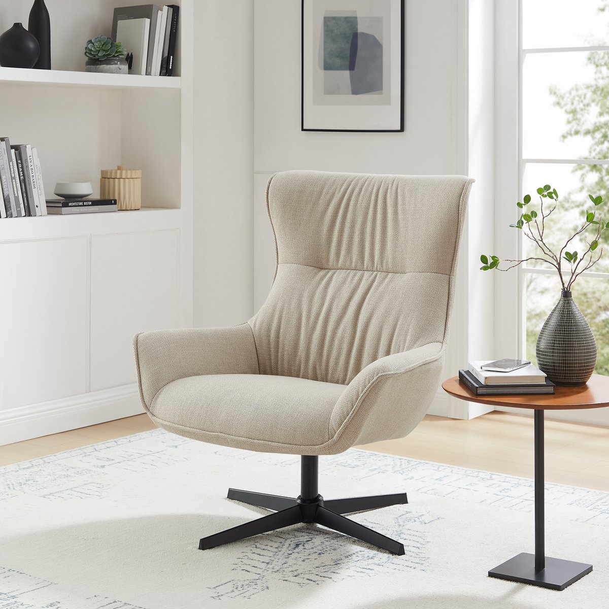 Fauteuil Beige – Structuurstof met Zwart Metalen Frame en Draaifunctie - SalesFever - Casanovio