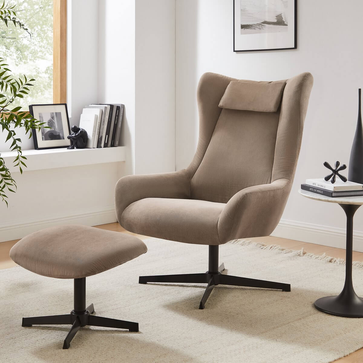Armchair and stool corduroy look brown - SalesFever
