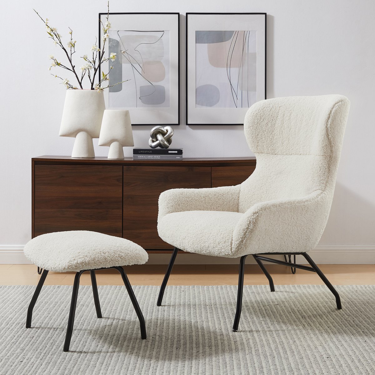 Fauteuil met Voetenbank Beige – Teddystof Oeko-Tex & Zwart Frame - SalesFever - Casanovio