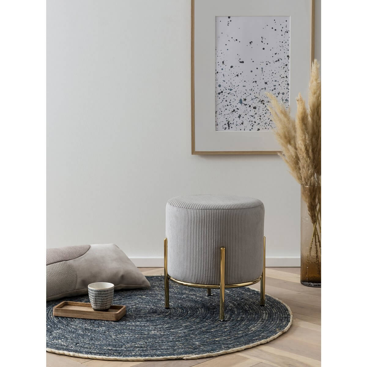 Upholstered stool Ø35 cm corduroy look light gray - SalesFever