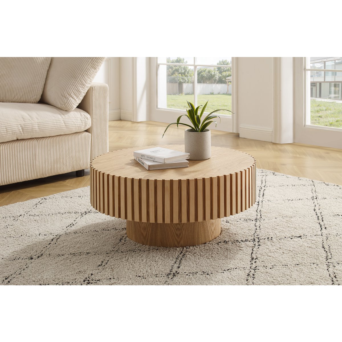 Ronde Salontafel Ø 80 cm – Loungehoogte met Massief Houten Latdesign en Ashfineer - SalesFever - Casanovio