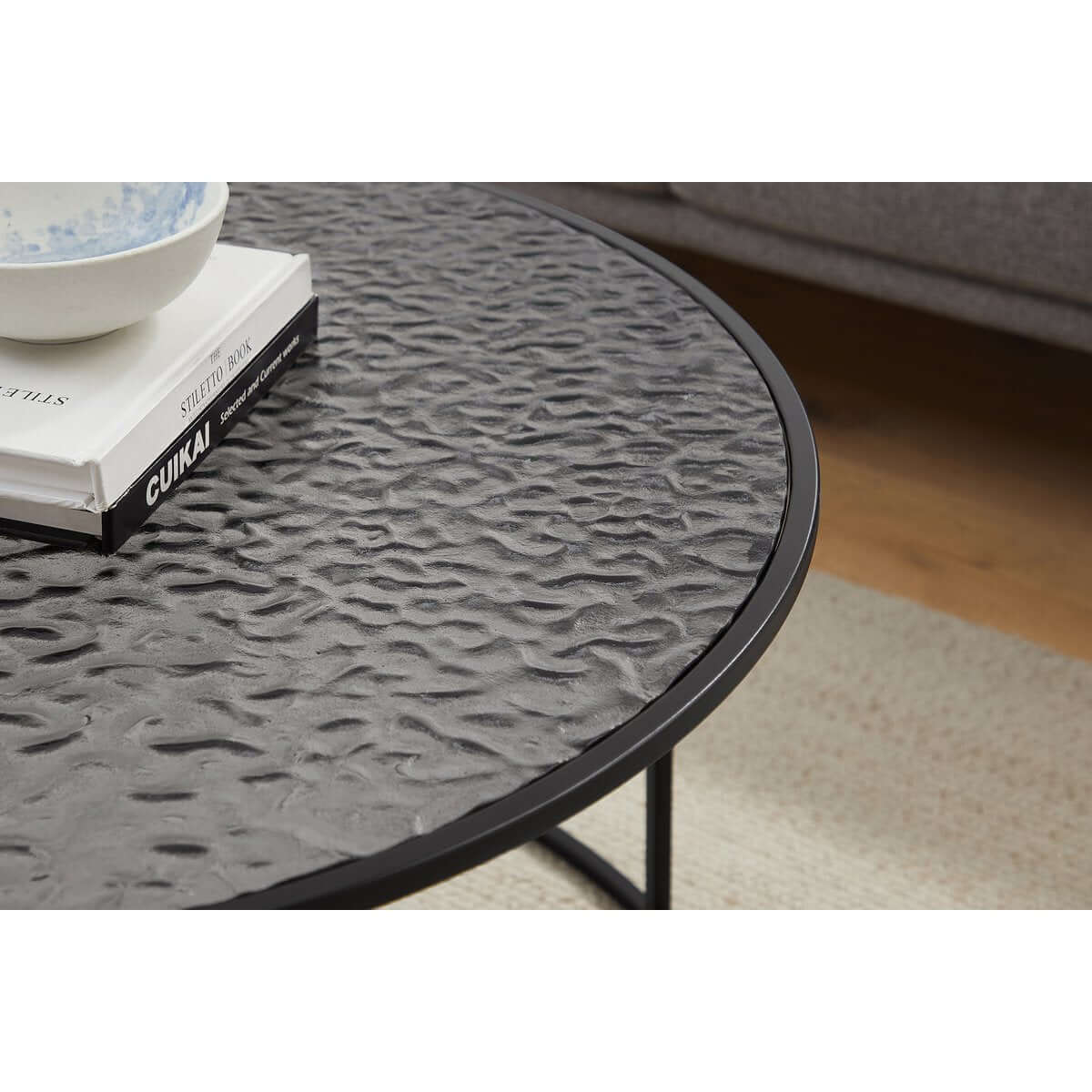 Salontafel rookglas zwart - rond met metalen frame - Ø 80 × 45 cm