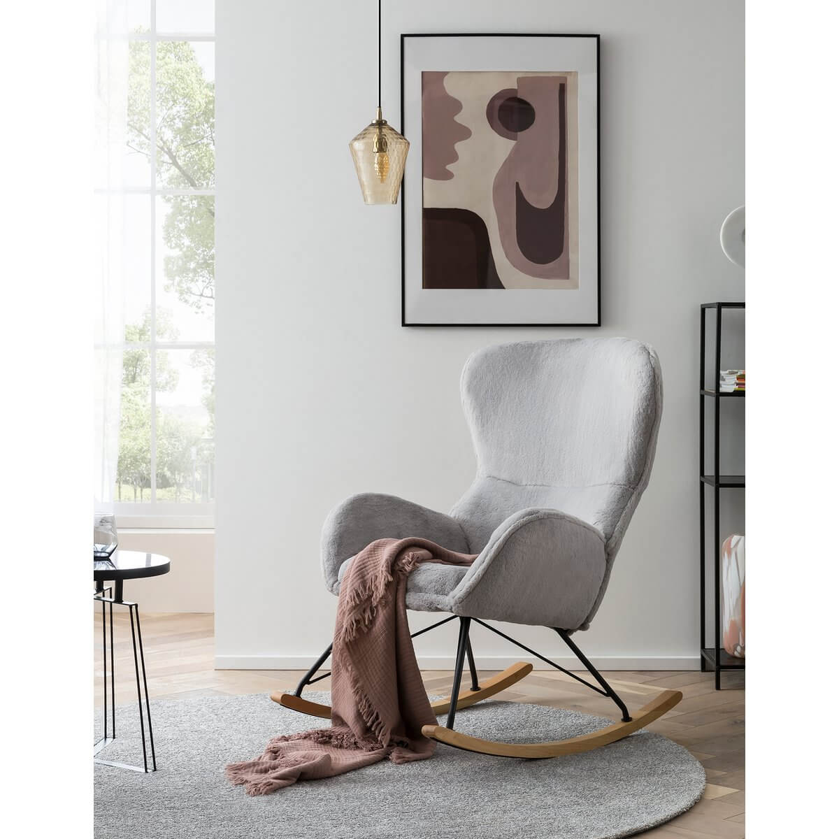 Schaukelstuhl in Lammfelloptik Hellgrau - SalesFever