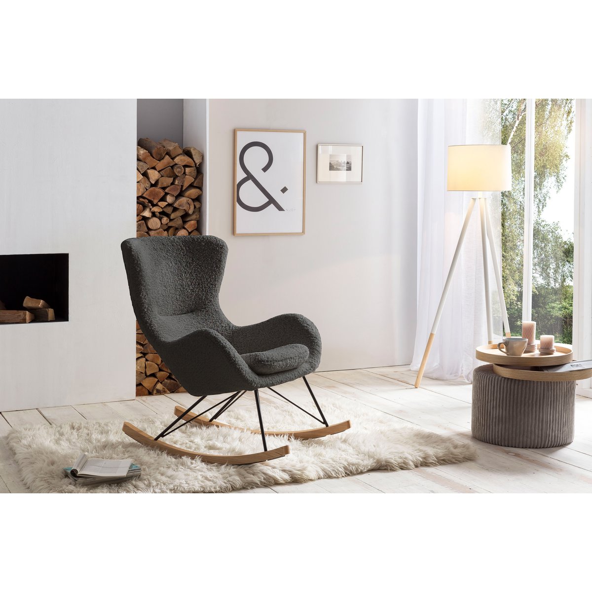 Schommelstoel Teddy Donkergrijs met Zwart Frame en Houten Lopers - SalesFever - Casanovio