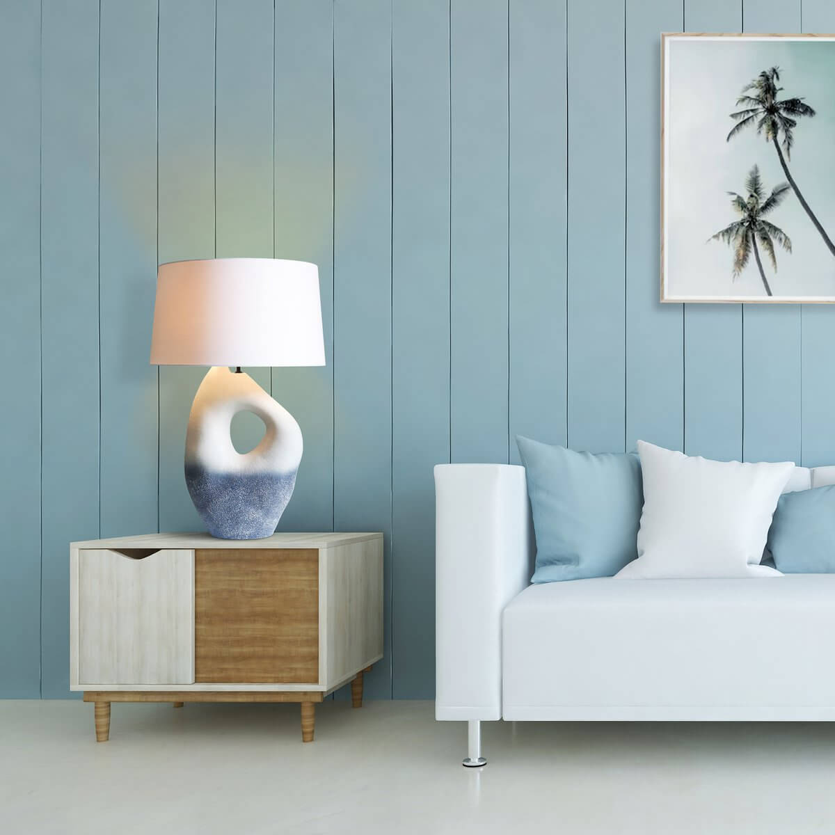 Table lamp ceramic/linen blue/white - SalesFever