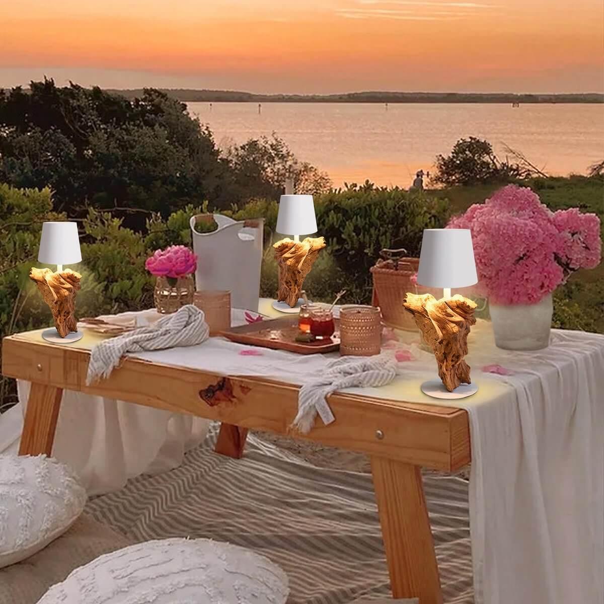 Tischleuchte 29 cm Natur/Weiß mit LED-Akku - SalesFever