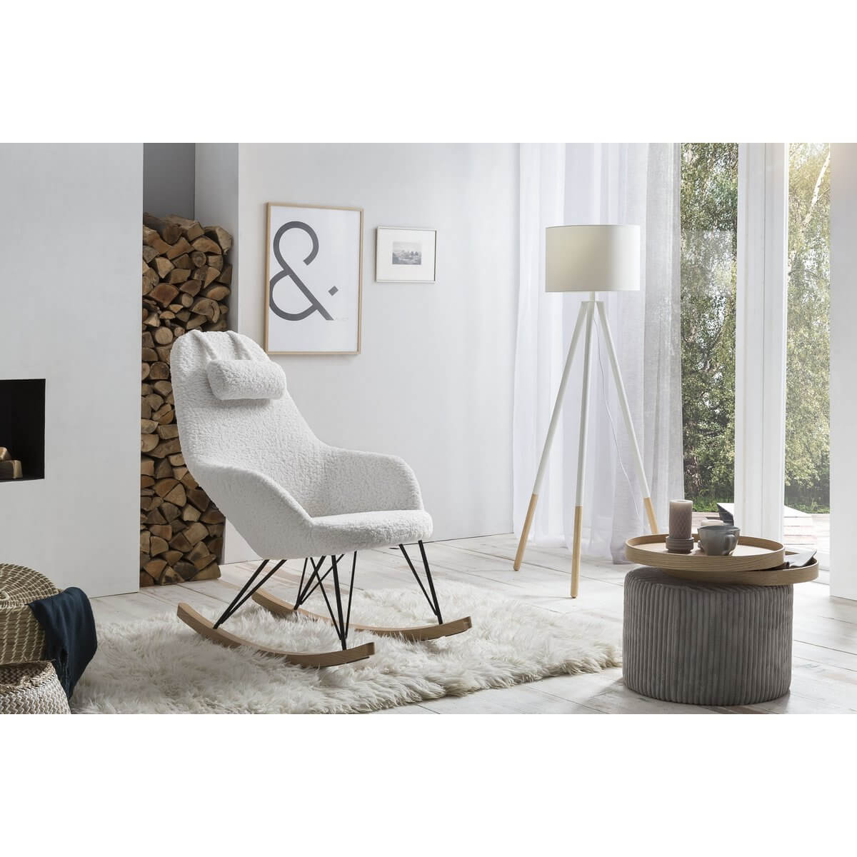 Floor lamp with wooden frame and white/natural fabric shade - SalesFever