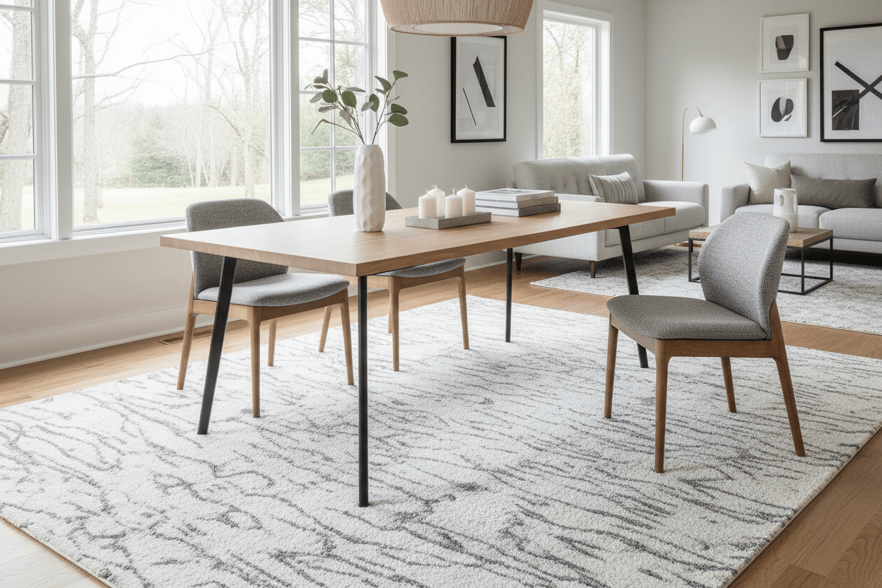 mooie woonaccessoires, zoals een wit grijs tapijt onder een tafel