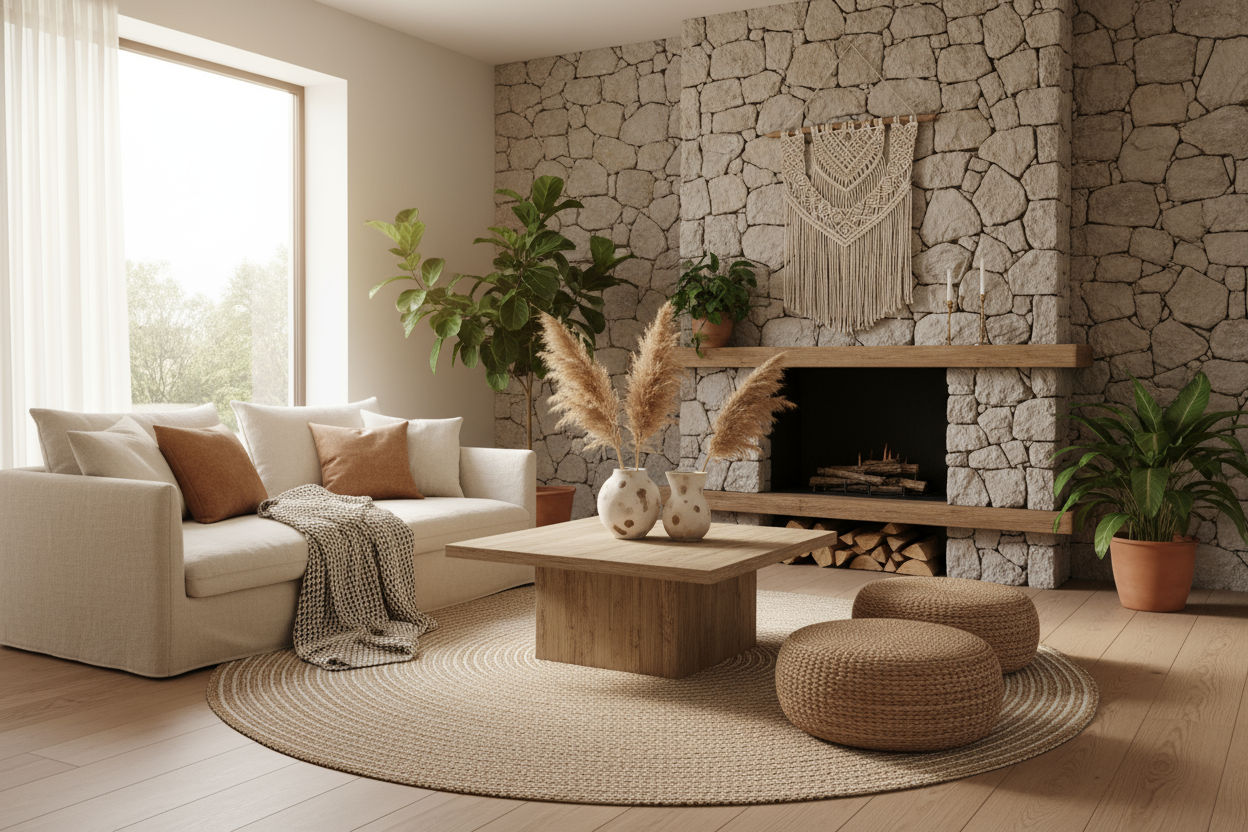 Wooninspiratie: mooie woonkamer met natuurlijke materialen, planten en een verwarmingselement.