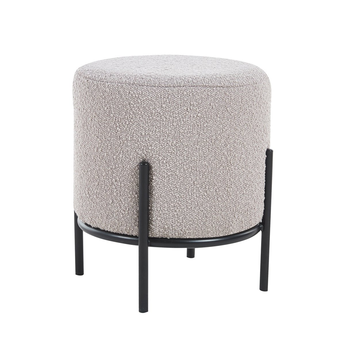 Ronde Bouclé Poef Taupe Ø35 cm met Zwart Metalen Frame - SalesFever - Casanovio