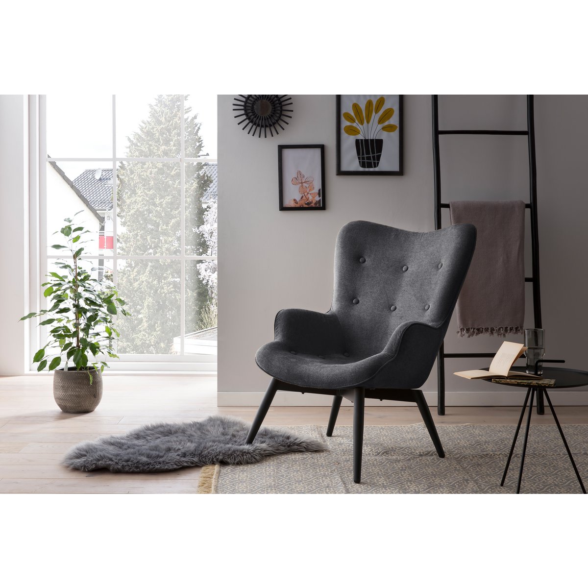 Moderne Fauteuil Donkergrijs met Zwart Metalen Frame – Structuurstof & Sierknopen - SalesFever - Casanovio