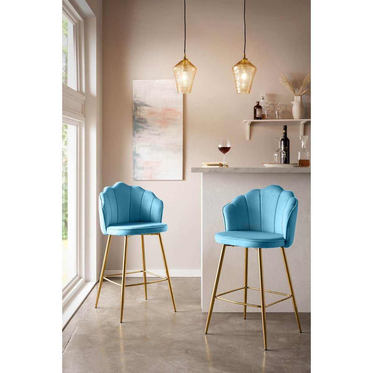 Set of 2 shell design bar stools in blue velvet - SalesFever