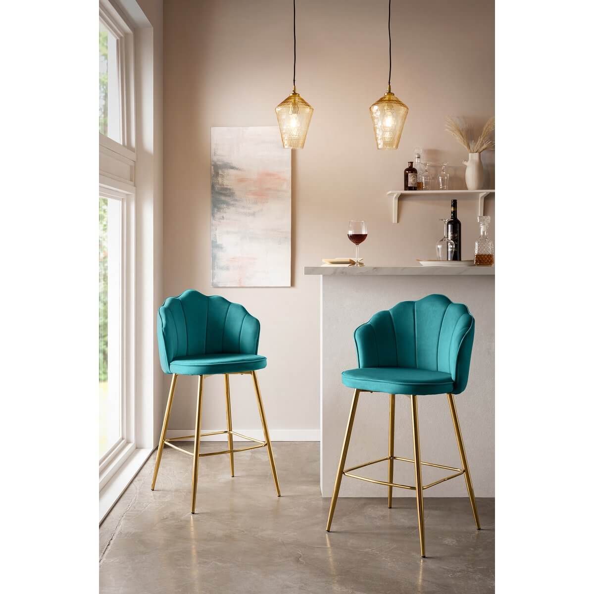 Set of 2 Shell Design Velvet Bar Stools Green - SalesFever