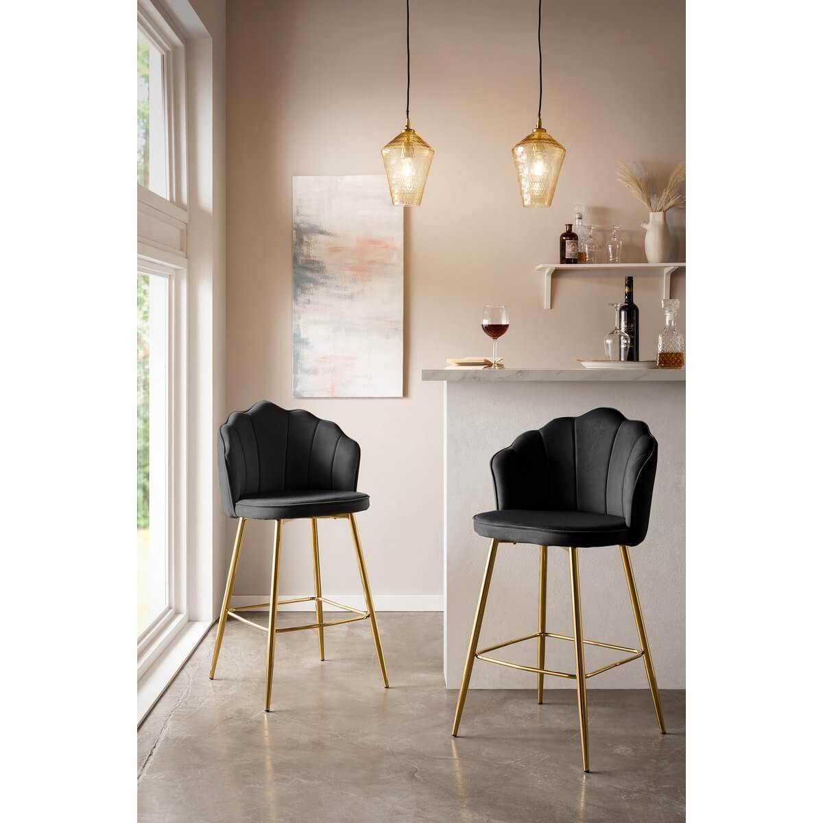 Set of 2 shell design bar stools in black velvet - SalesFever