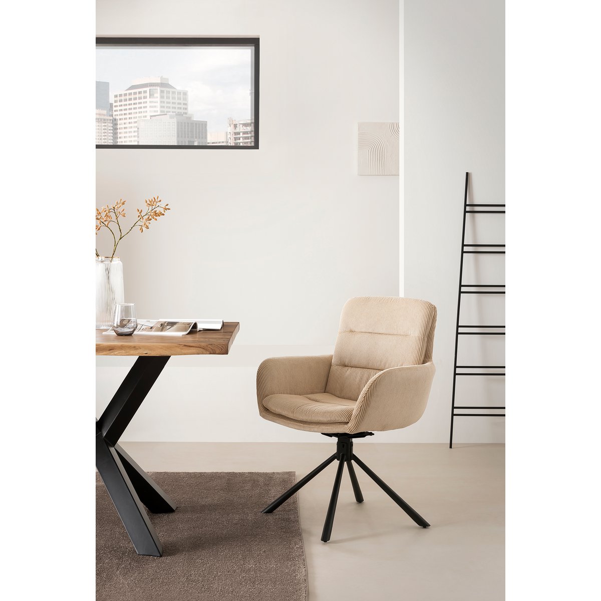 Draaifauteuil Beige – Corduroy-Look met Zwart Metalen Frame - SalesFever - Casanovio