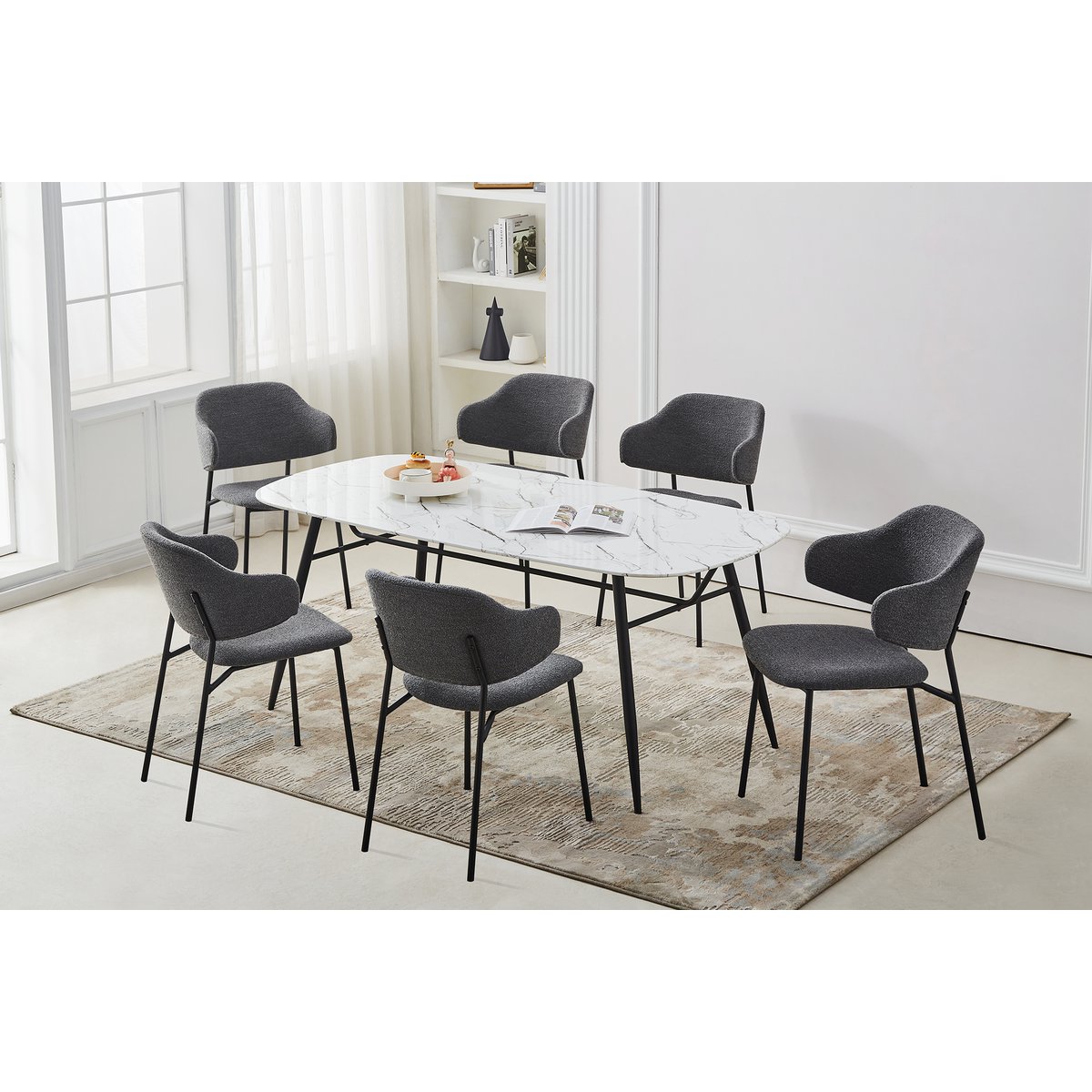 Eetkamerstoel Donkergrijs – Bouclé-Look met Zwart Metalen Frame en Open Rug – Set van 2 - SalesFever - Casanovio