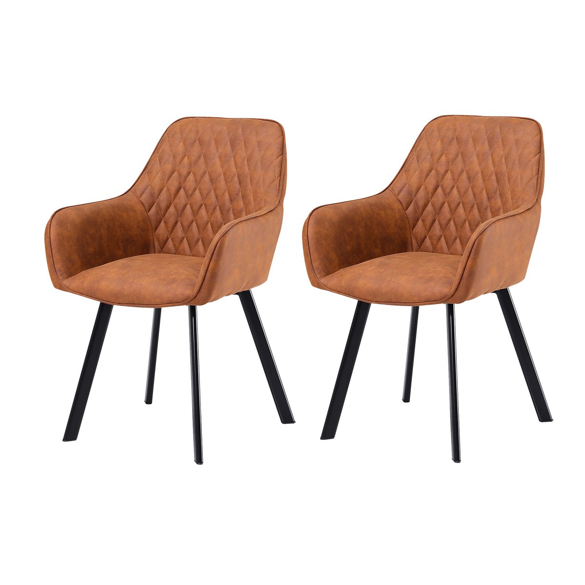 Eetkamerstoel Fluweellook Bruin met Zwart Metalen Frame – Diamantstiksel & Armleuningen – Set van 2 - SalesFever - Casanovio