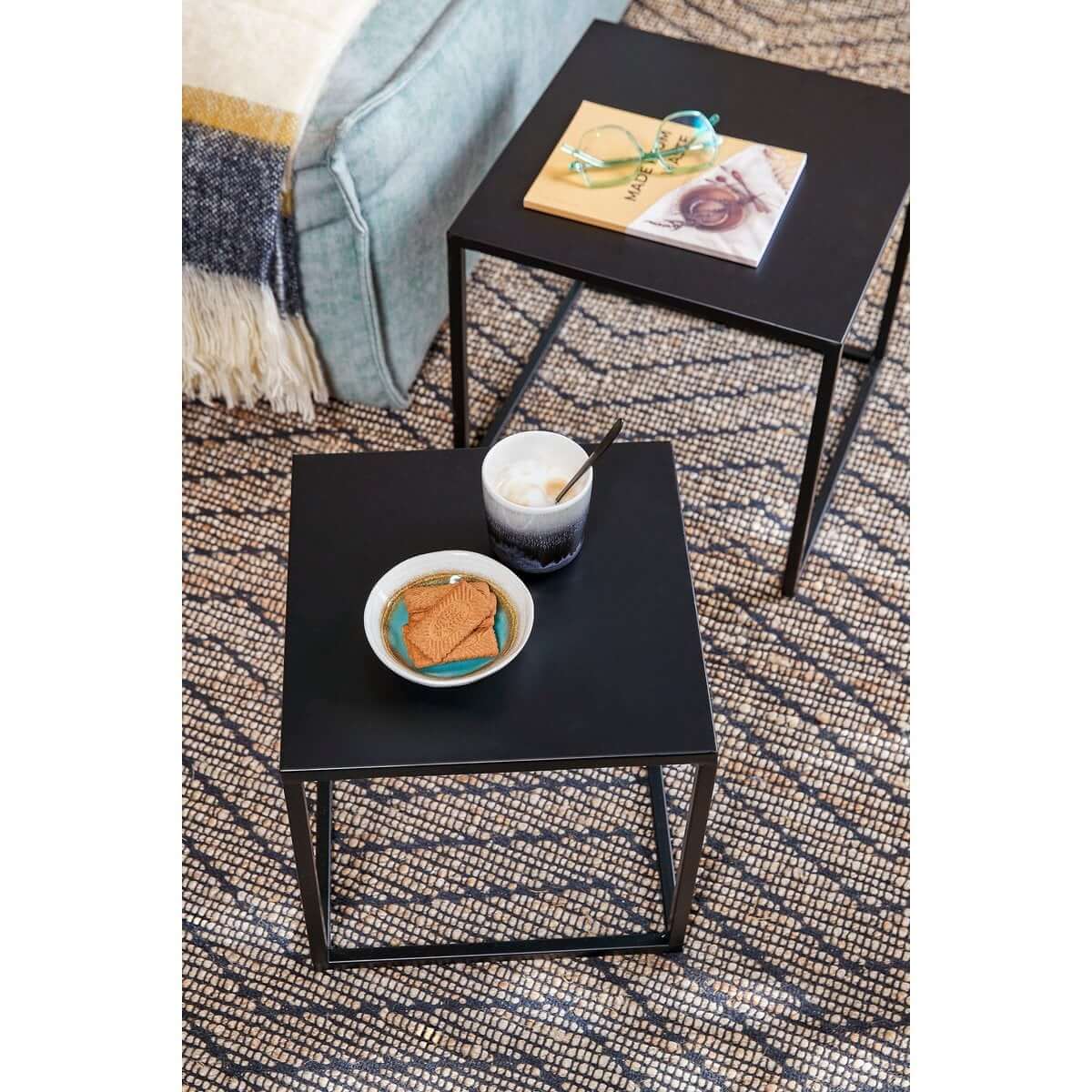 Goa bijzettafels metaal zwart - vierkant met hoogteverschil - set van 2