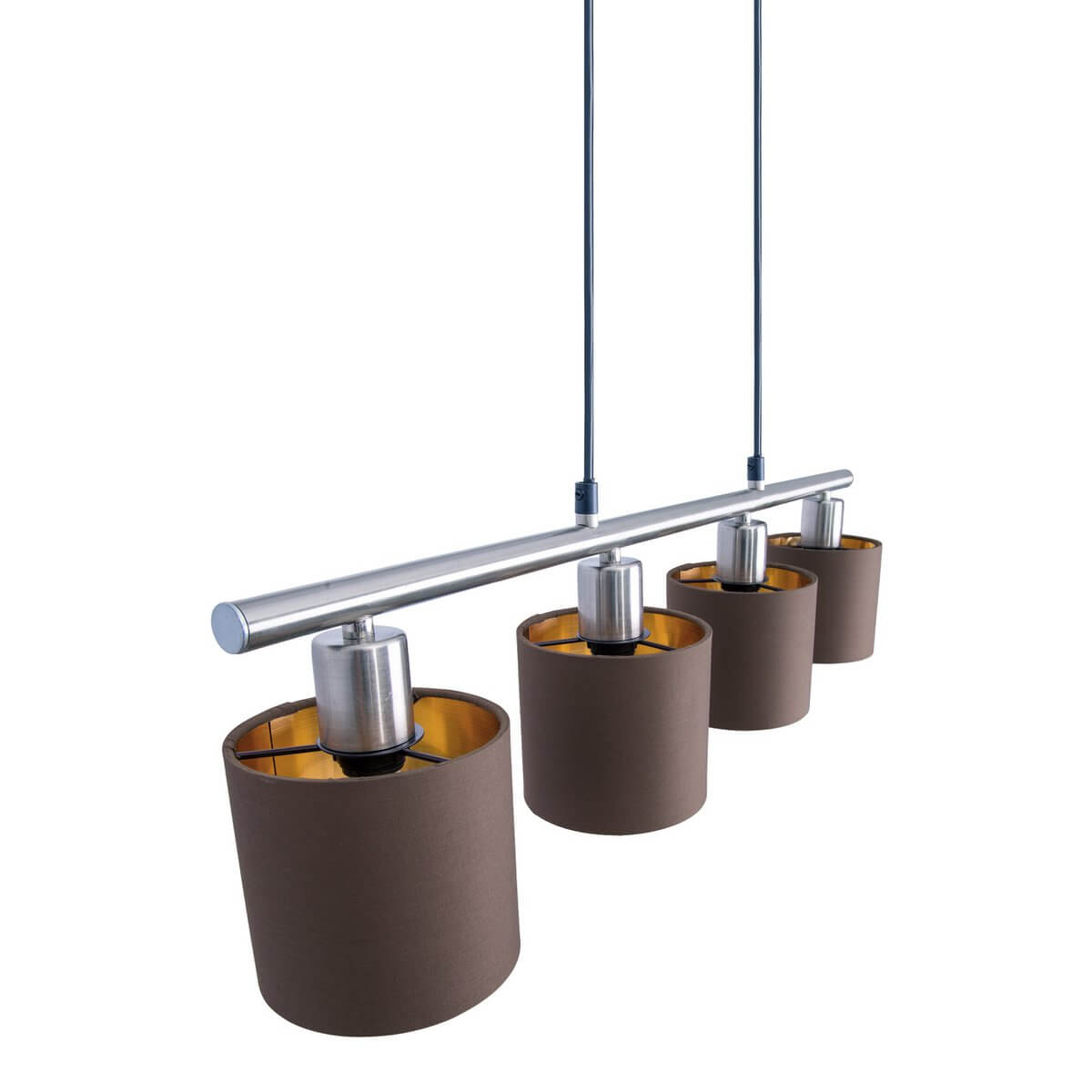 Maron 4-lichts hanglamp nikkel gesatineerd - bruine stofkappen met goud - 72,4 × 12 × 140 cm