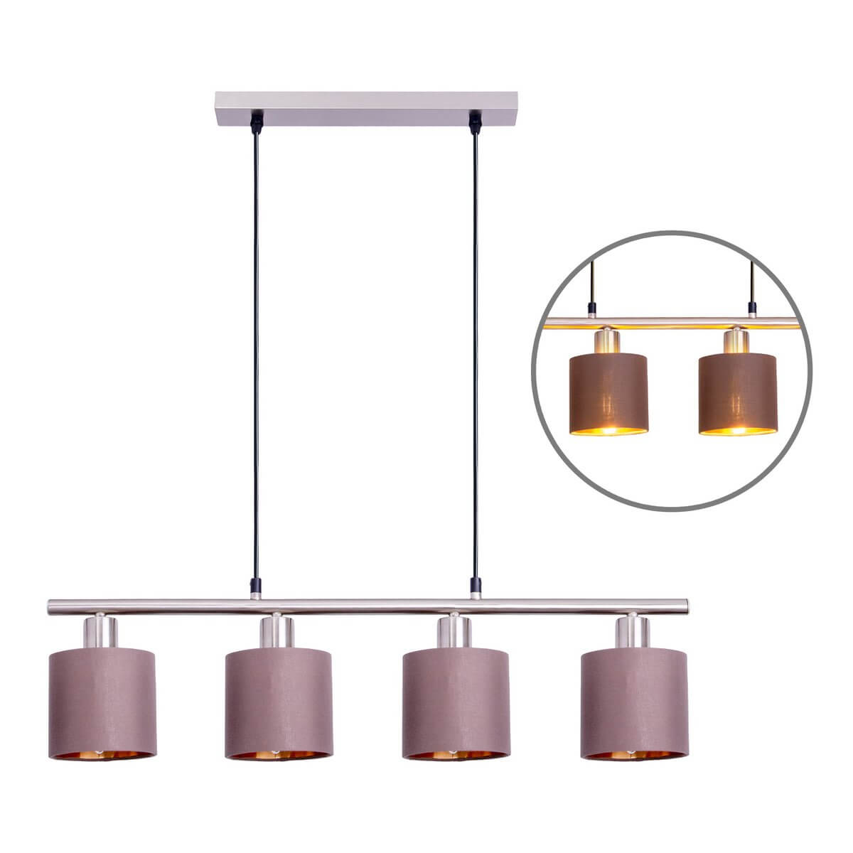 Maron 4-lichts hanglamp nikkel gesatineerd - bruine stofkappen met goud - 72,4 × 12 × 140 cm