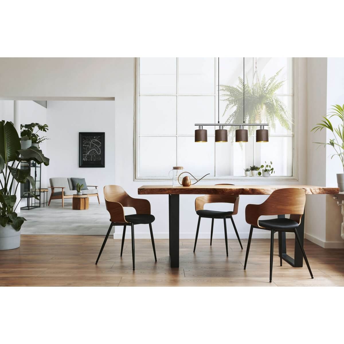 Maron 4-lichts hanglamp nikkel gesatineerd - bruine stofkappen met goud - 72,4 × 12 × 140 cm