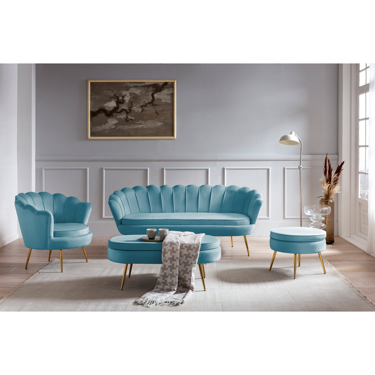 Ronde Poef Blauw - Fluweel en Goudkleurig Frame - SalesFever - Casanovio