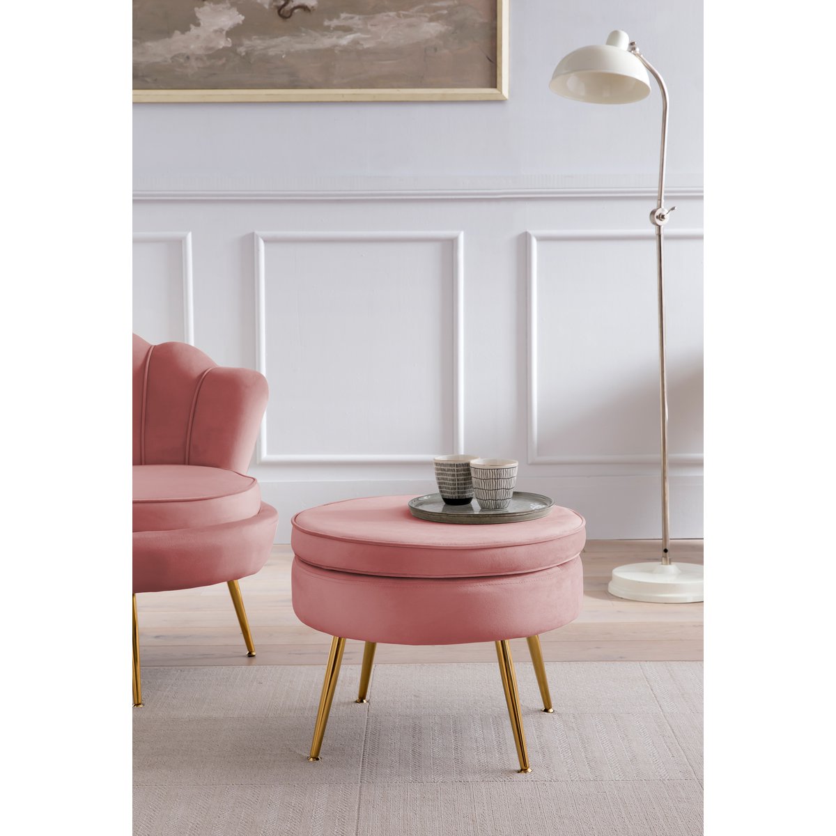 Ronde Poef Roze - Fluweel en Goudkleurig Frame - SalesFever - Casanovio