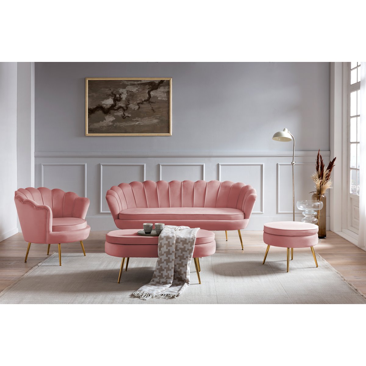Ronde Poef Roze - Fluweel en Goudkleurig Frame - SalesFever - Casanovio