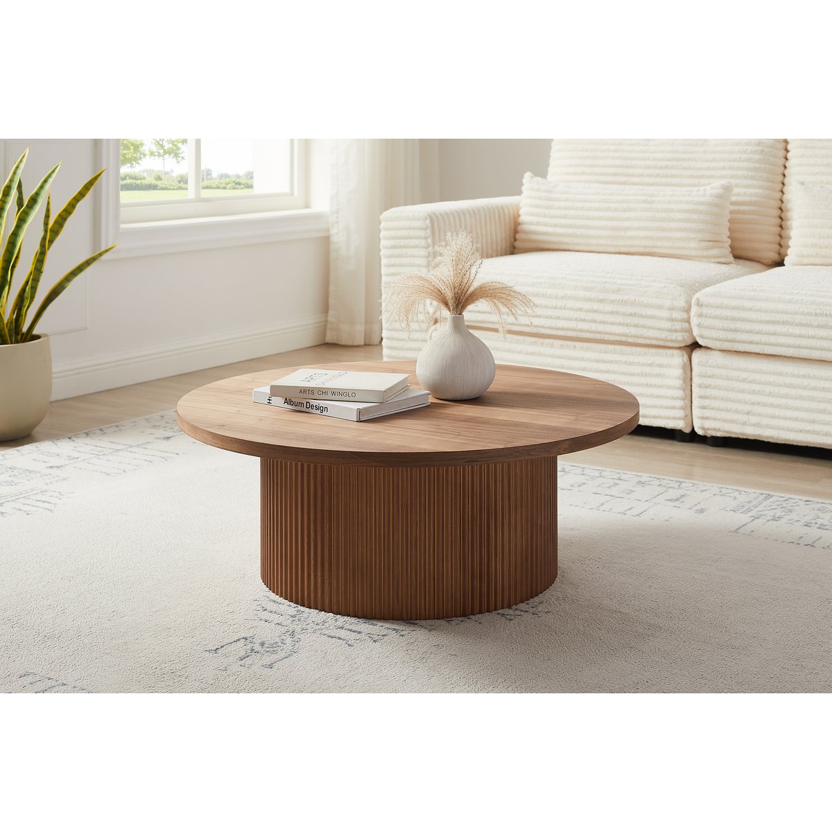Ronde Salontafel Walnoot Ø 85 cm – Luxe Kolomvoet met Massief Houten Lamellen - SalesFever - Casanovio
