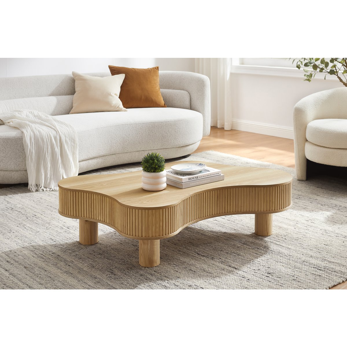 Salontafel Golvend Design Ash Hout 116 x 77 cm – Massief Latwerk & Kolompoten - SalesFever - Casanovio