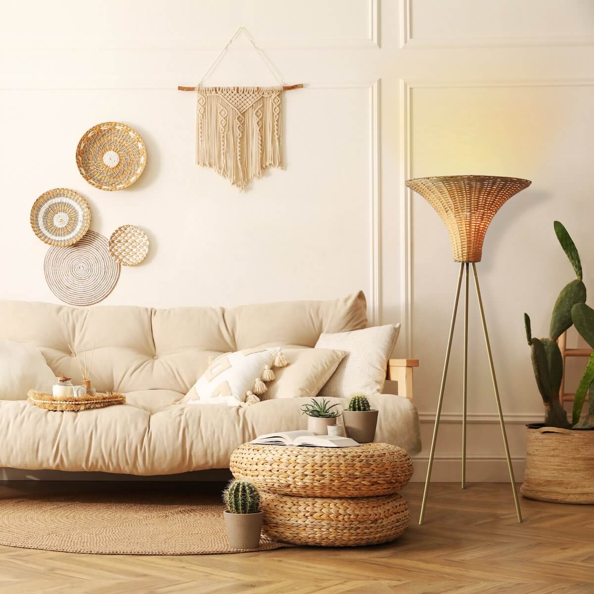 Floor lamp with braided shade brass/natural 150 cm - SalesFever