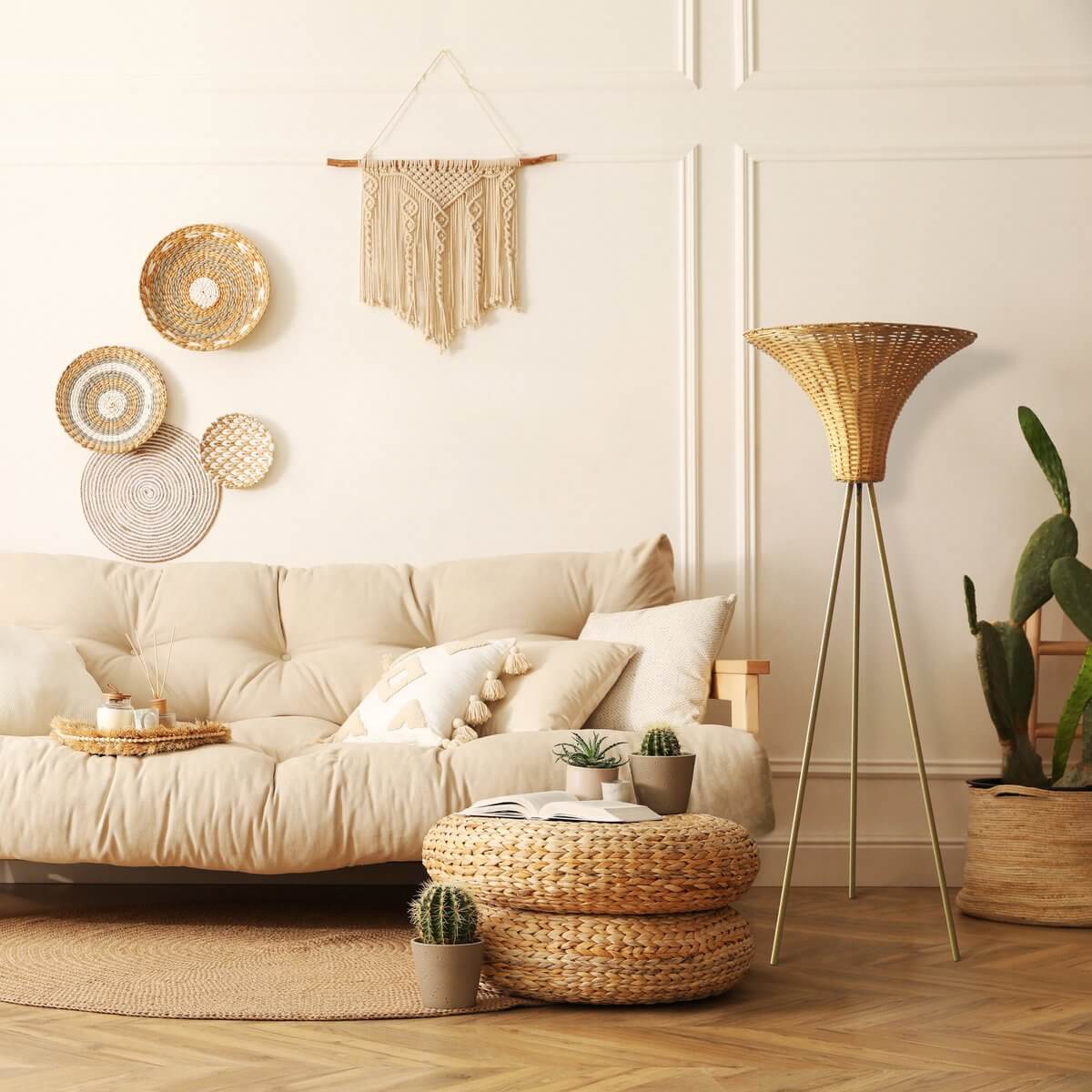 Floor lamp with braided shade brass/natural 150 cm - SalesFever