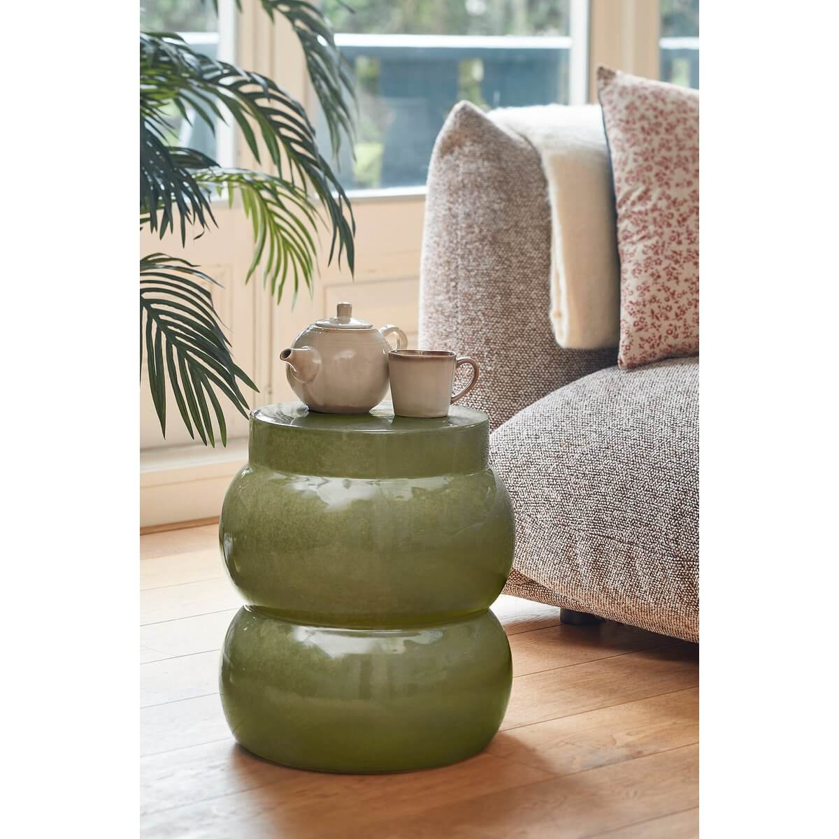 Vendi bijzettafel keramiek groen - rond met glanzende afwerking - Ø 35 × 40 cm