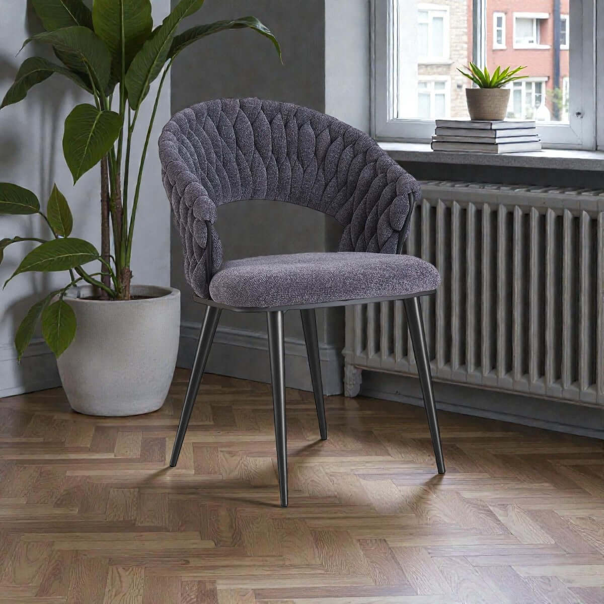 Wave eetkamerstoel antraciet - gevlochten stof met zwarte poten - 58 × 61 × 84 cm