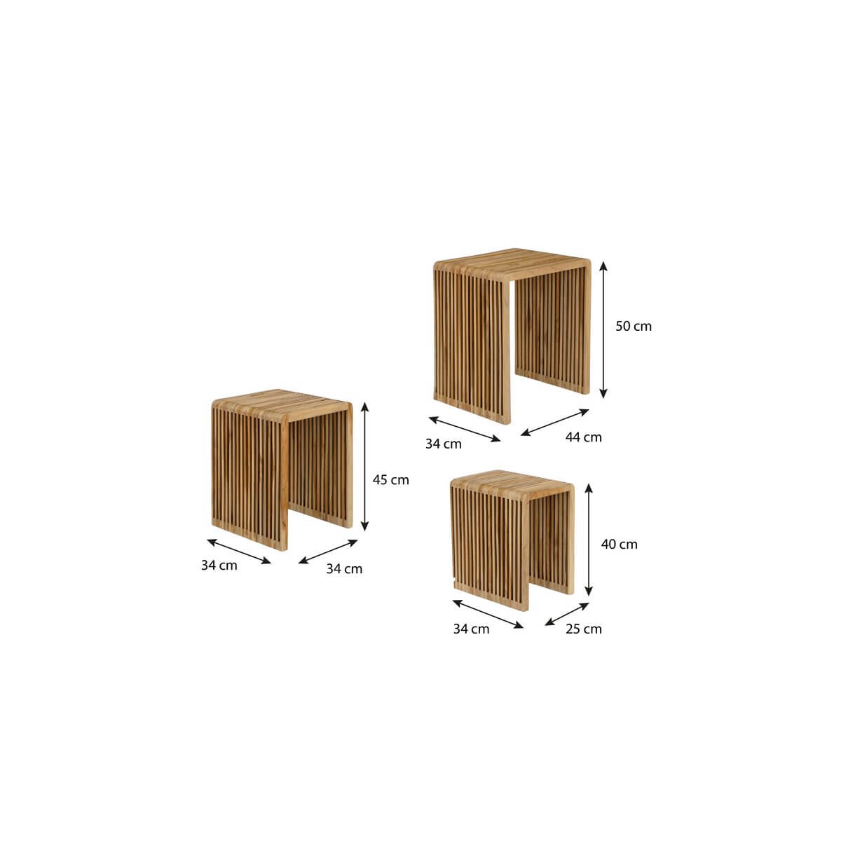 Yonker bijzettafels gerecycled teak bruin - met verticale latjes - set van 3
