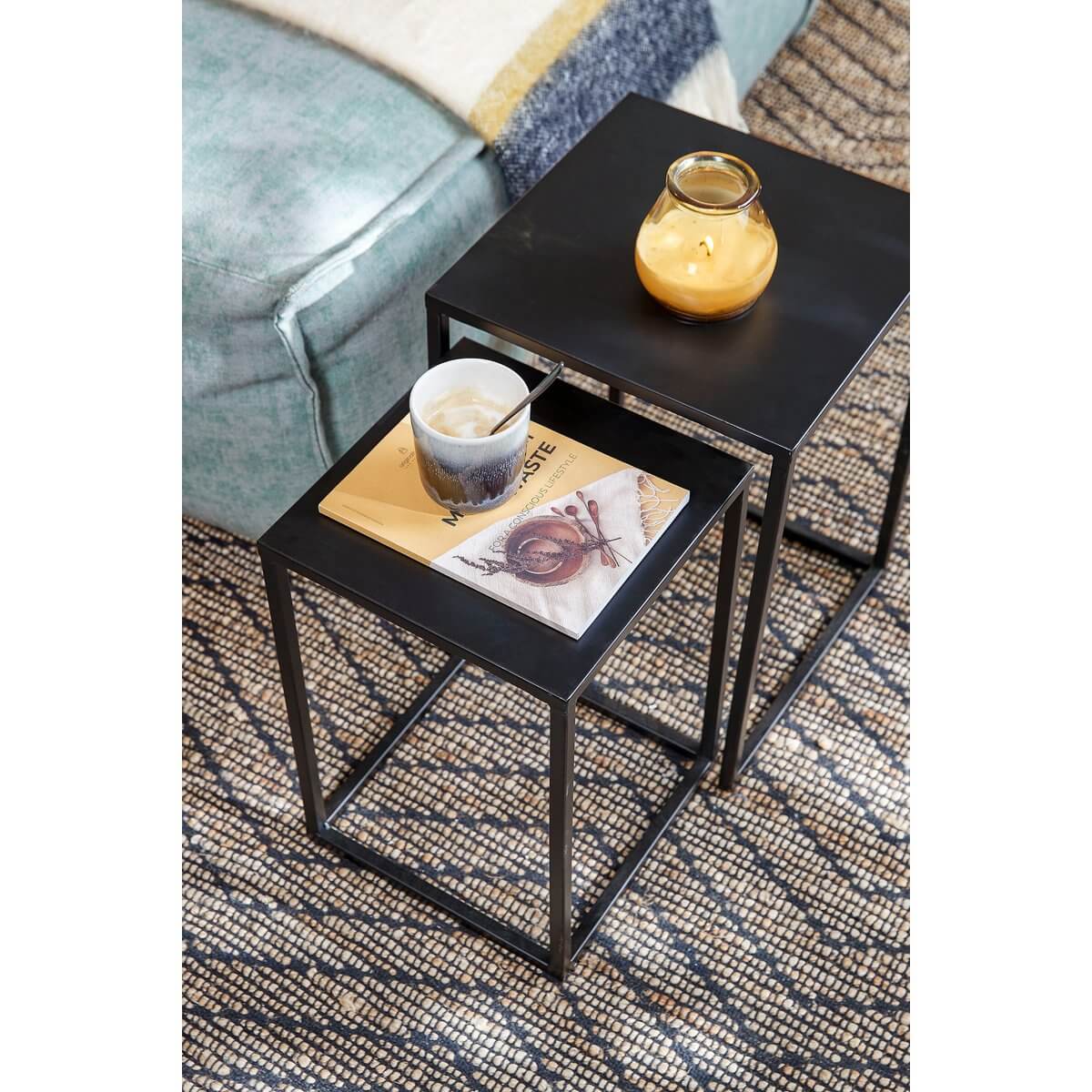 Goa bijzettafels metaal zwart - vierkant met hoogteverschil - set van 2