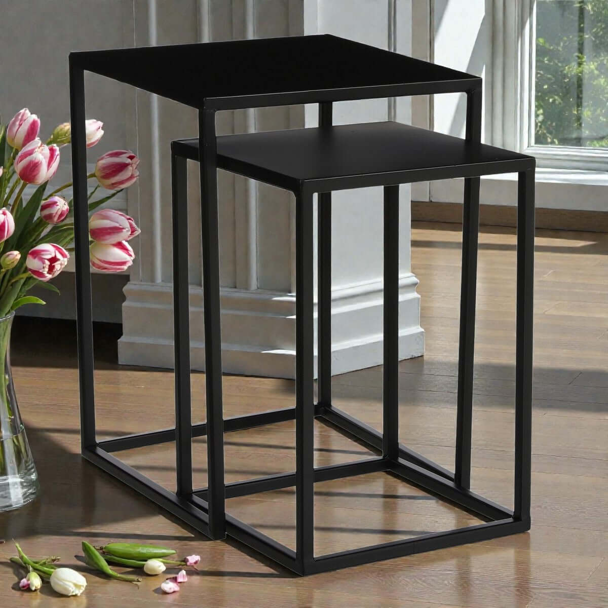 Goa bijzettafels metaal zwart - vierkant met hoogteverschil - set van 2