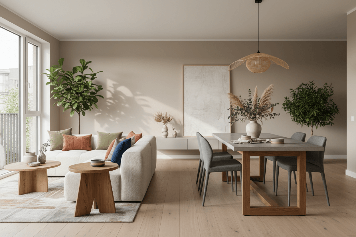 mooie setting van een huis met binnenmeubelen als een bijzettafel, een tafel met 4 stoelen