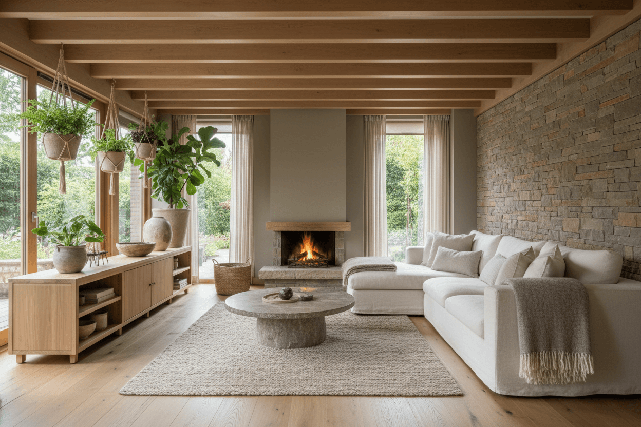 prachtige west europese huiselijke setting in nederland voor een image block dat gaat over duruzame en mooie woonmaterialen