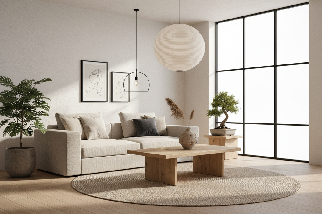 sfeerbeeld van een woonkamer ingericht in japandi stijl