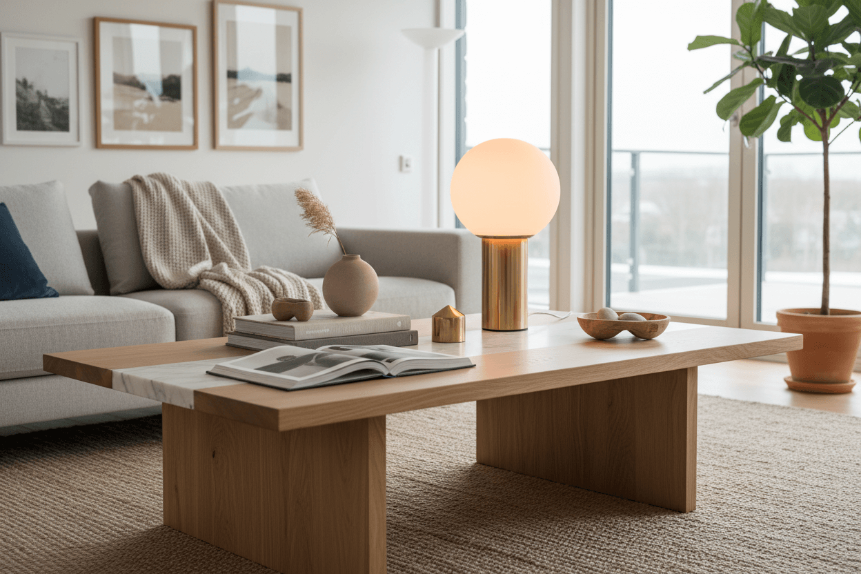 woonkamer tafel met mooie lamp